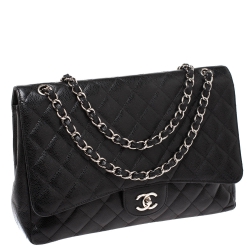 Pre Owned حقيبة شانيل ماكسي قلاب كلاسيكي جلد كافيار مبطن أسود