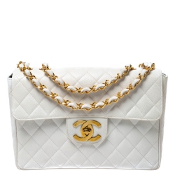 Chanel White Quilted Caviar Leather Jumbo Vintage Classic Single Flap Bag  Chanel