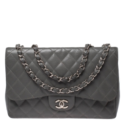 مملوكة مسبقًا Chanel Grey Quilted Caviar Leather Jumbo Classic Single Flap Bag