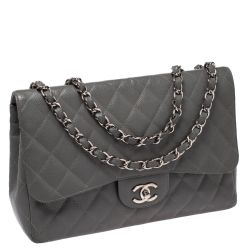 مملوكة مسبقًا Chanel Grey Quilted Caviar Leather Jumbo Classic Single Flap Bag