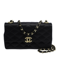 Chanel Black Satin Vintage Crystal CC Small Flap Bag