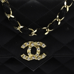 Chanel Black Satin Vintage Crystal CC Small Flap Bag