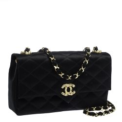 Chanel Black Satin Vintage Crystal CC Small Flap Bag