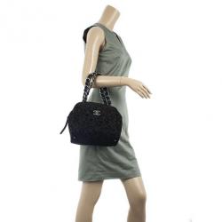Pre Owned Chanel Black Suede Camelia Embossed Boston bag