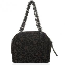 Pre Owned Chanel Black Suede Camelia Embossed Boston bag