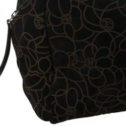 Pre Owned Chanel Black Suede Camelia Embossed Boston bag