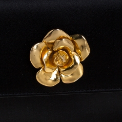 Pre Owned Chanel Black Satin Gold Camellia Vintage Small Bag