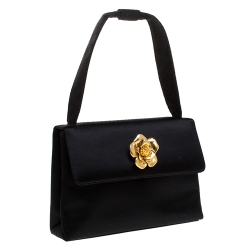 Pre Owned Chanel Black Satin Gold Camellia Vintage Small Bag