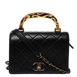 Chanel Black Quilted Leather Enamel Top Handle Bag Chanel