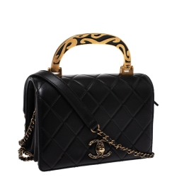 Pre Owned Chanel Black Quilted Leather Enamel Top Handle Bag