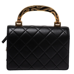 Pre Owned Chanel Black Quilted Leather Enamel Top Handle Bag
