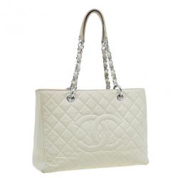 Pre Owned Chanel Off White Quilted Caviar Grand Shopping Tote