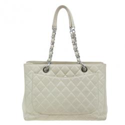 Pre Owned Chanel Off White Quilted Caviar Grand Shopping Tote