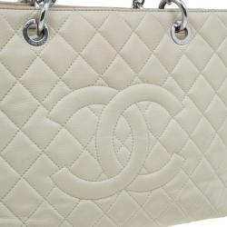Pre Owned Chanel Off White Quilted Caviar Grand Shopping Tote