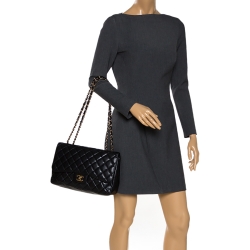 Pre Owned Chanel Black Quilted Leather Jumbo Classic Single Flap Bag