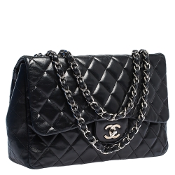 Pre Owned Chanel Black Quilted Leather Jumbo Classic Single Flap Bag