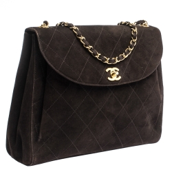 Pre Owned Chanel Dark Brown Quilted Suede Vintage Flap Bag