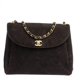 Chanel Vintage Chanel Dark Brown Quilted Suede Leather Mini Shoulder
