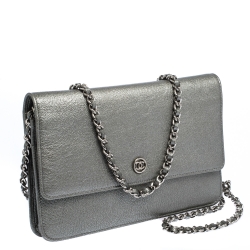 Chanel Metallic Grey Leather CC Flap Wallet On Chain