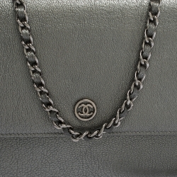 Chanel Metallic Grey Leather CC Flap Wallet On Chain