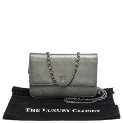 Chanel Metallic Grey Leather CC Flap Wallet On Chain