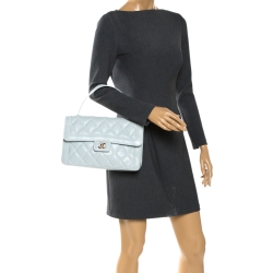 Pre Owned Chanel Powder Blue Wild Stitch Leather Flap Top Handle Bag