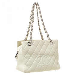 Pre Owned Chanel Cream Quilted Caviar Leather Petite Timeless Shopper Tote