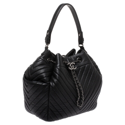 Pre Owned Chanel Black Chevron Leather Gabrielle Bucket Bag
