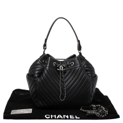 Pre Owned Chanel Black Chevron Leather Gabrielle Bucket Bag