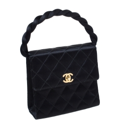 Pre Owned Chanel Black Satin Vintage Classic Flap Braided Handle Bag