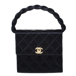 Pre Owned Chanel Black Satin Vintage Classic Flap Braided Handle Bag
