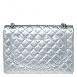 Pre Owned Chanel SIlver Quilted Leather Maxi Classic Single Flap Bag