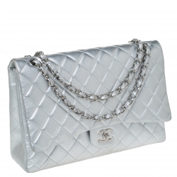 Pre Owned Chanel SIlver Quilted Leather Maxi Classic Single Flap Bag