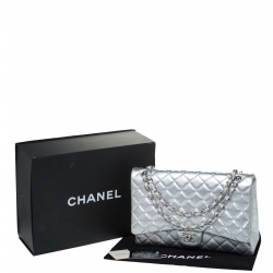 Pre Owned Chanel SIlver Quilted Leather Maxi Classic Single Flap Bag
