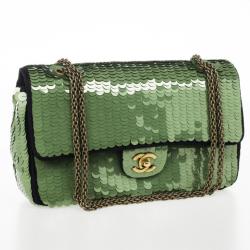 Pre Owned Chanel Green Paillette Flap Bag