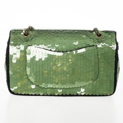 Pre Owned Chanel Green Paillette Flap Bag