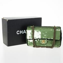 Pre Owned Chanel Green Paillette Flap Bag
