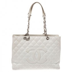 Pre Owned Chanel White Quilted Caviar Leather Grand Shopper Tote