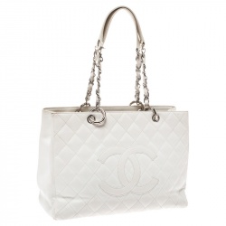 Pre Owned Chanel White Quilted Caviar Leather Grand Shopper Tote