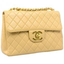 Pre Owned Chanel Beige Lambskin XL Jumbo Flap Bag