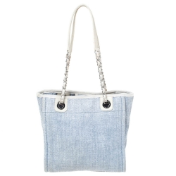 Pre Owned Chanel Light Blue/White Canvas Deauville Tote