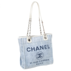 Pre Owned Chanel Light Blue/White Canvas Deauville Tote