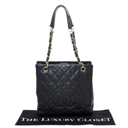 Pre Owned Chanel Black Quilted Caviar Leather Petite Shopping Tote