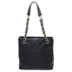 Pre Owned Chanel Black Quilted Caviar Leather Petite Shopping Tote