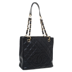 Pre Owned Chanel Black Quilted Caviar Leather Petite Shopping Tote