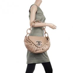 Pre Owned Chanel Tan Lambskin Pleated Flap Bag Taupe