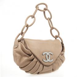 Pre Owned Chanel Tan Lambskin Pleated Flap Bag Taupe