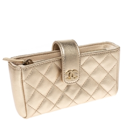 Pre Owned Chanel Gold Quilted Leather CC Phone Holder Clutch