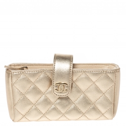 Pre Owned Chanel Gold Quilted Leather CC Phone Holder Clutch