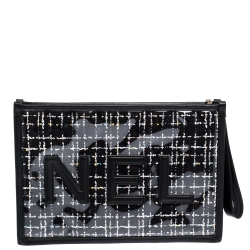Pre Owned Chanel Black PVC and Tweed Logo Zip Pouch 